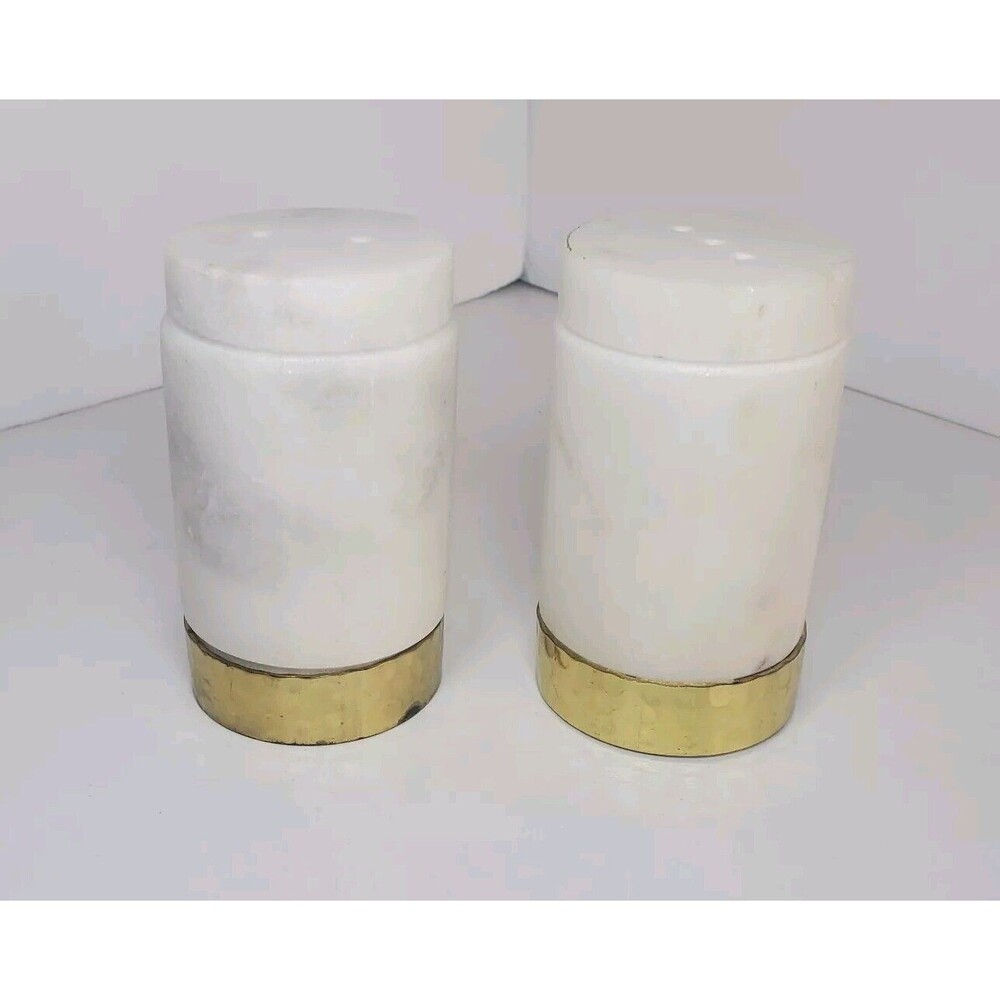 Vintage MCM White Natural Stone Salt And Pepper Shaker Set Hammered Brass Trim